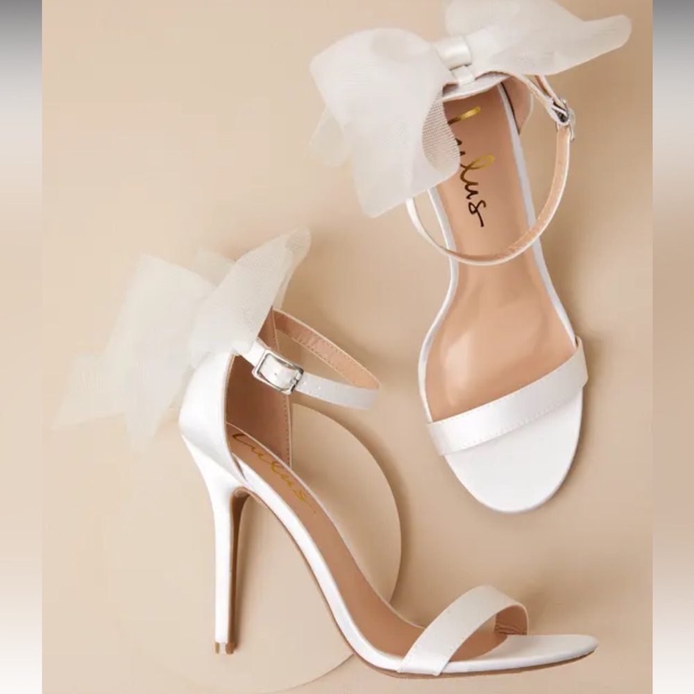 Lulus Ivory Satin Bow Ankle Strap High Heel Sandals - Size 5 - NEW IN BOX